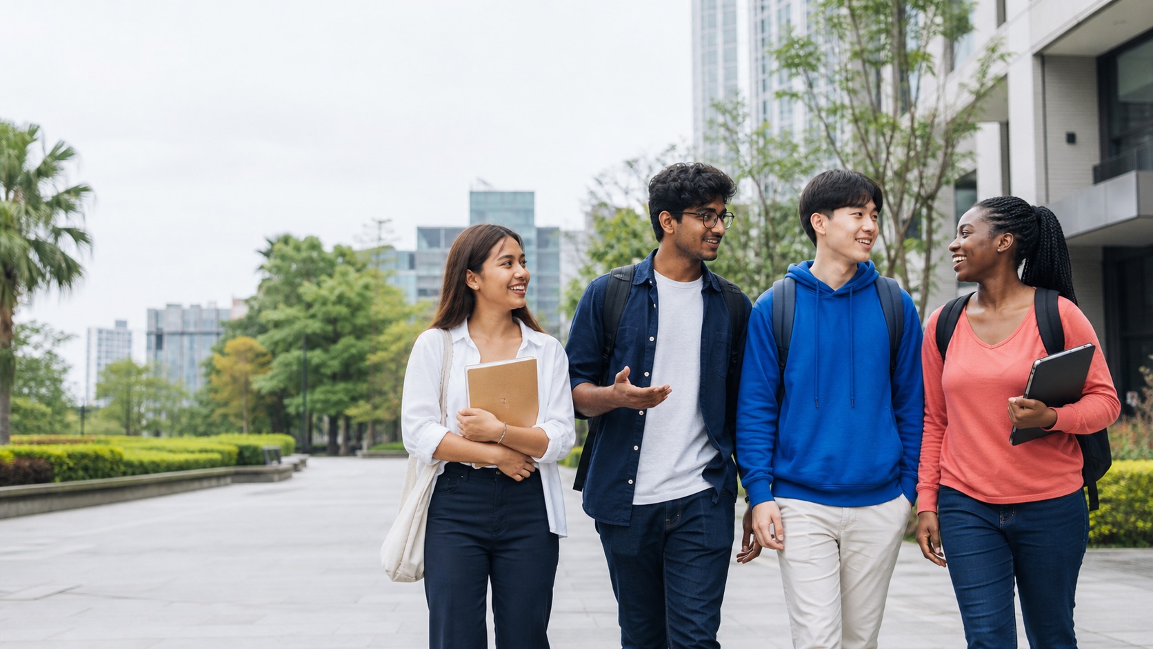 International students walking together on a university campus in Taiwan